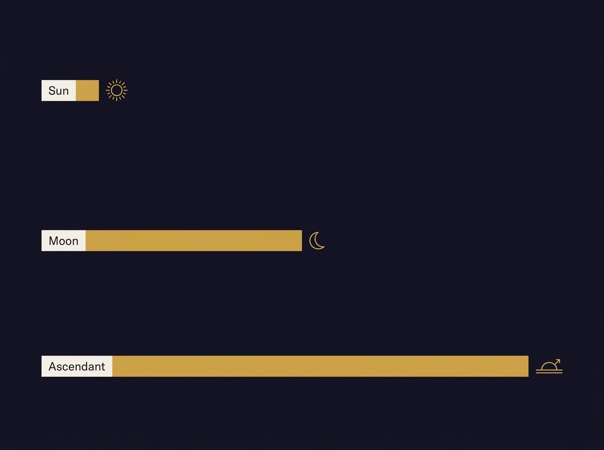 A gold-on-navy infographic comparing how far the Sun, the Moon and the ascendant move in a single day.
