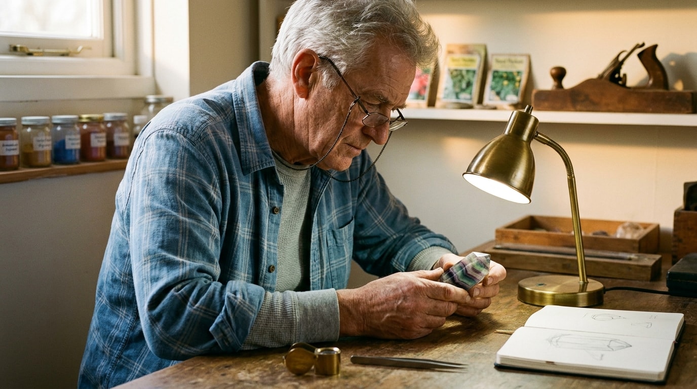 A 65-year-old white British man sitting at a wooden workshop bench in his shed in soft afternoon light from a high window, wearing a plaid shirt with rolled sleeves, examining a banded fluorite specimen — gradient layers of purple, green and pale blue — held in his fingers under the warm beam of a small desk lamp, intent observation rather than admiration, hands lined and capable, the rest of the shed softly out of focus with hints of tools, jars, an old wooden plane, the kind of careful afternoon attention you give to a small object that has more in it than first glance suggested, in the spirit of an Aeon essay opener photograph