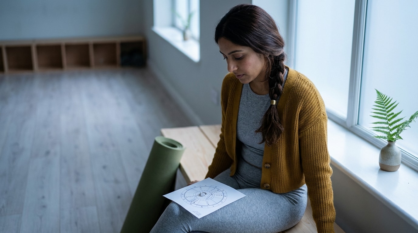 A 29-year-old British Indian woman sitting on a low bench in a quiet yoga studio in soft morning light after a class, wearing soft activewear and a thin cardigan, a freshly-rolled yoga mat propped beside her, holding a small printed birth-chart wheel on her lap with a moonstone ring resting on its twelfth-house section, looking down at the chart with quiet attention rather than admiration, the rest of the studio softly out of focus with hints of pale wooden floor and a row of cubbies, the kind of pause after movement when one small object asks for a longer look, in the spirit of a Guardian Long Read portrait