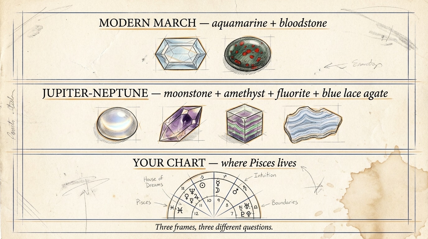 A hand-sketched architectural blueprint infographic drawn in soft black pen-line on aged ivory paper with faint pencil annotations and a tea-stained corner, three labelled panels stacked vertically with thin navy ruling-lines and amber underline accents — top panel hand-lettered «Modern March — aquamarine + bloodstone» with two small pencil sketches beside the text (a faceted aquamarine hexagonal cross-section and a rounded bloodstone cabochon with red spotting); middle panel hand-lettered «Jupiter-Neptune — moonstone + amethyst + fluorite + blue lace agate» with four small pencil sketches beside (a moonstone showing adularescent crescent of light, a faceted amethyst point, a layered fluorite cube, a banded blue lace agate slab); bottom panel hand-lettered «Your chart — where Pisces lives» with a small hand-drawn birth chart wheel with twelve house divisions and a few sketched planet glyphs; faint warm-amber rules separate the panels; a small caption strip at the foot hand-lettered «Three frames, three different questions.»; aspect 16:9, no human figures, architectural-draughtsman feel