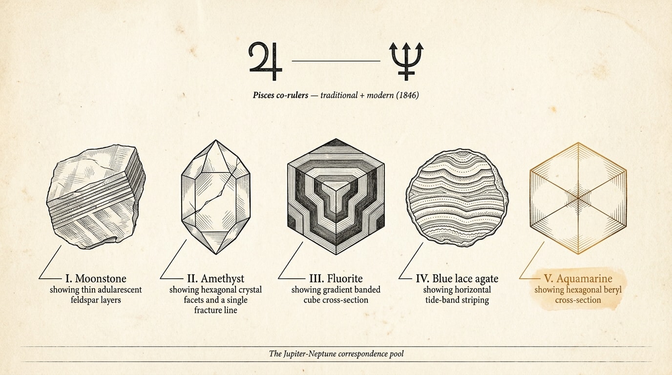 A vintage scientific diagram infographic on cream paper in the spirit of a mid-twentieth-century Scientific American illustration or an Audubon-period botanical engraving, thin black ink line-work with one warm-amber accent for the most important label; at the top, the Jupiter glyph (♃) and the Neptune glyph (♆) are paired side by side with a thin black line connecting them, labelled in small Roman type «Pisces co-rulers — traditional + modern (1846)»; five stones drawn below as scientific cross-section engravings each with a Roman-numeral leader-line and label — I. Moonstone (showing thin adularescent feldspar layers), II. Amethyst (showing hexagonal crystal facets and a single fracture line), III. Fluorite (showing gradient banded cube), IV. Blue lace agate (showing horizontal tide-band striping), V. Aquamarine (showing hexagonal beryl cross-section); a small caption strip at the foot in fine italic «The Jupiter-Neptune correspondence pool», the «V» label given a soft warm-amber accent as the double-counted stone that ties to the modern March list; aspect 16:9, no human figures, no floating zodiac glyphs