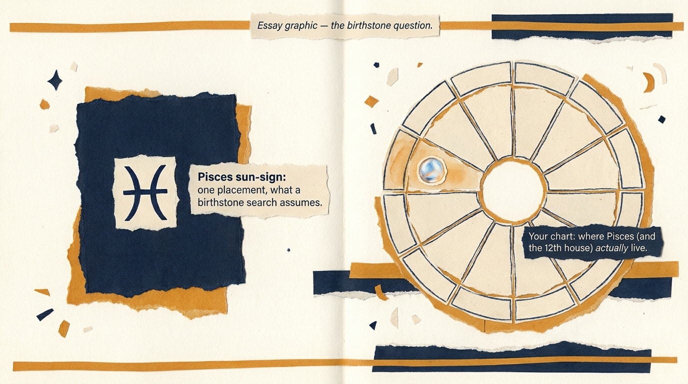 An editorial-collage infographic in the spirit of a New Yorker or FT Weekend Magazine essay-graphic spread, on warm cream paper with torn-edge pieces, scissor-cut shapes and layered typography ribbons in warm-navy, amber and cream; the left side carries a small cream paper Pisces glyph (♓) collaged onto a deep warm-navy rectangle, beside it a torn-paper label in cream sans-serif reads «Pisces sun-sign: one placement, what a birthstone search assumes»; the right side carries a full cream-paper birth-chart wheel collaged from twelve torn pieces (one per house) with the twelfth-house segment washed in soft warm-amber and a tiny moonstone illustration pasted inside it, a torn-paper label in warm-navy sans-serif reads «Your chart: where Pisces (and the 12th house) actually live»; thin amber ribbons run horizontally across top and bottom of the spread, a small italic kicker collaged from torn paper at the top reads «Essay graphic — the birthstone question»; aspect 16:9, no human figures, no floating zodiac glyphs