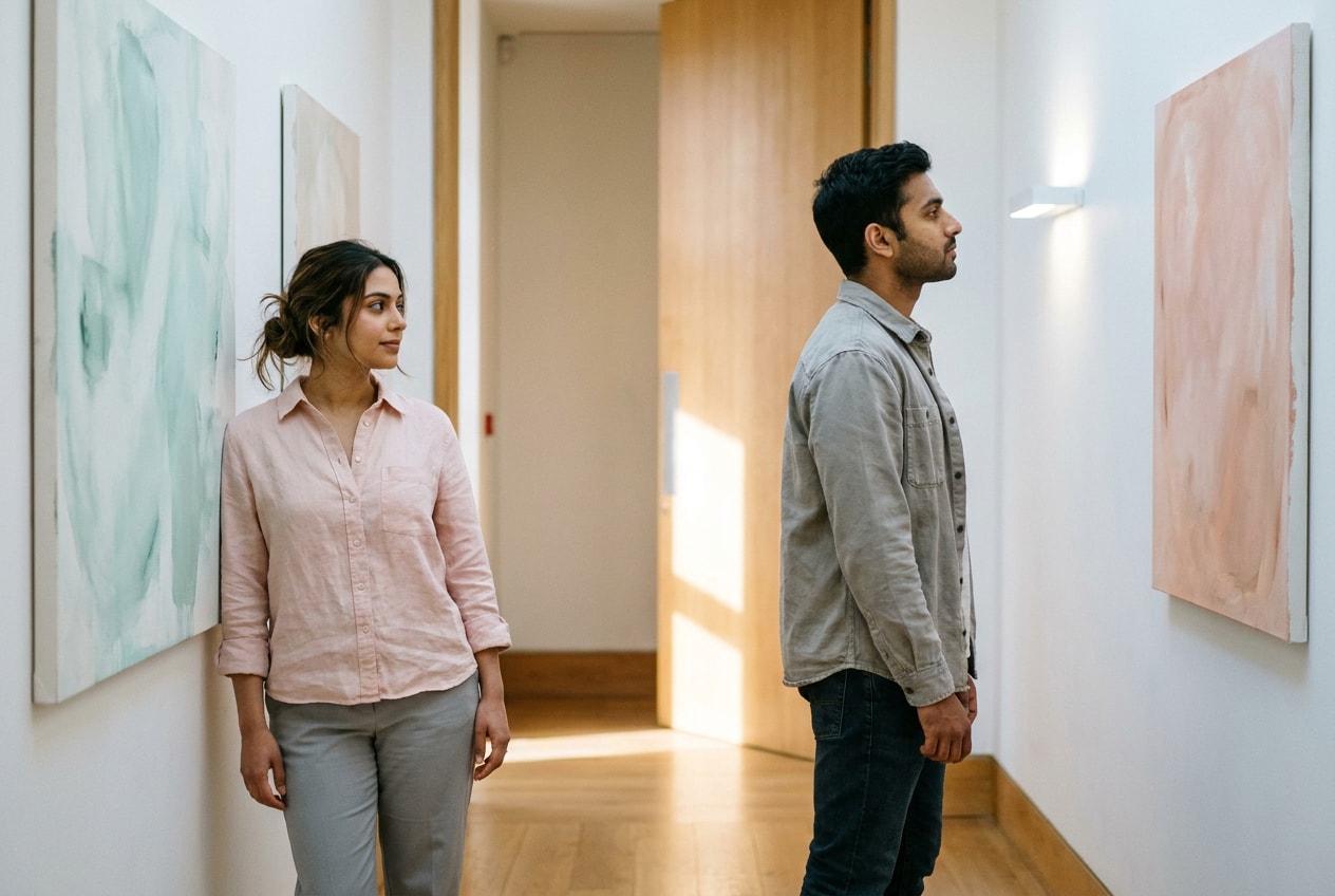 A 36-year-old woman of mixed heritage in a small public gallery, standing slightly apart from a 33-year-old man with light climbing chalk on his hands; they are looking at two adjacent paintings, each absorbed in a different one, soft warm hallway light from the doorway behind them and cool wall-lamp light over the canvases