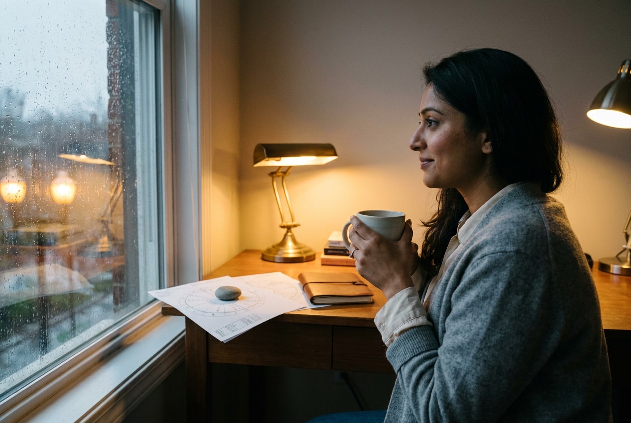 A 48-year-old White British woman in a home study evening, standing at the window with a mug, soft grey cardigan over her shoulders, two printed birth charts folded on the desk behind her, a single reading-lamp casting warm amber light across the room