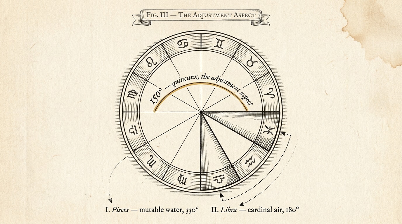 A vintage scientific textbook diagram engraved on cream paper, thin black ink line-work in the style of an Audubon plate or a 1950s Scientific American astronomy figure, showing a precise zodiac wheel divided into twelve fine-ruled segments. Pisces wedge at 330° is marked with a small ink-stamp glyph; Libra wedge at 180° is marked similarly. A thin black arc runs between the two wedges, picked out with a single warm amber accent and labelled in handwritten serif "150° — quincunx". A small engraved title-banner at the top reads "FIG. III — The adjustment aspect"