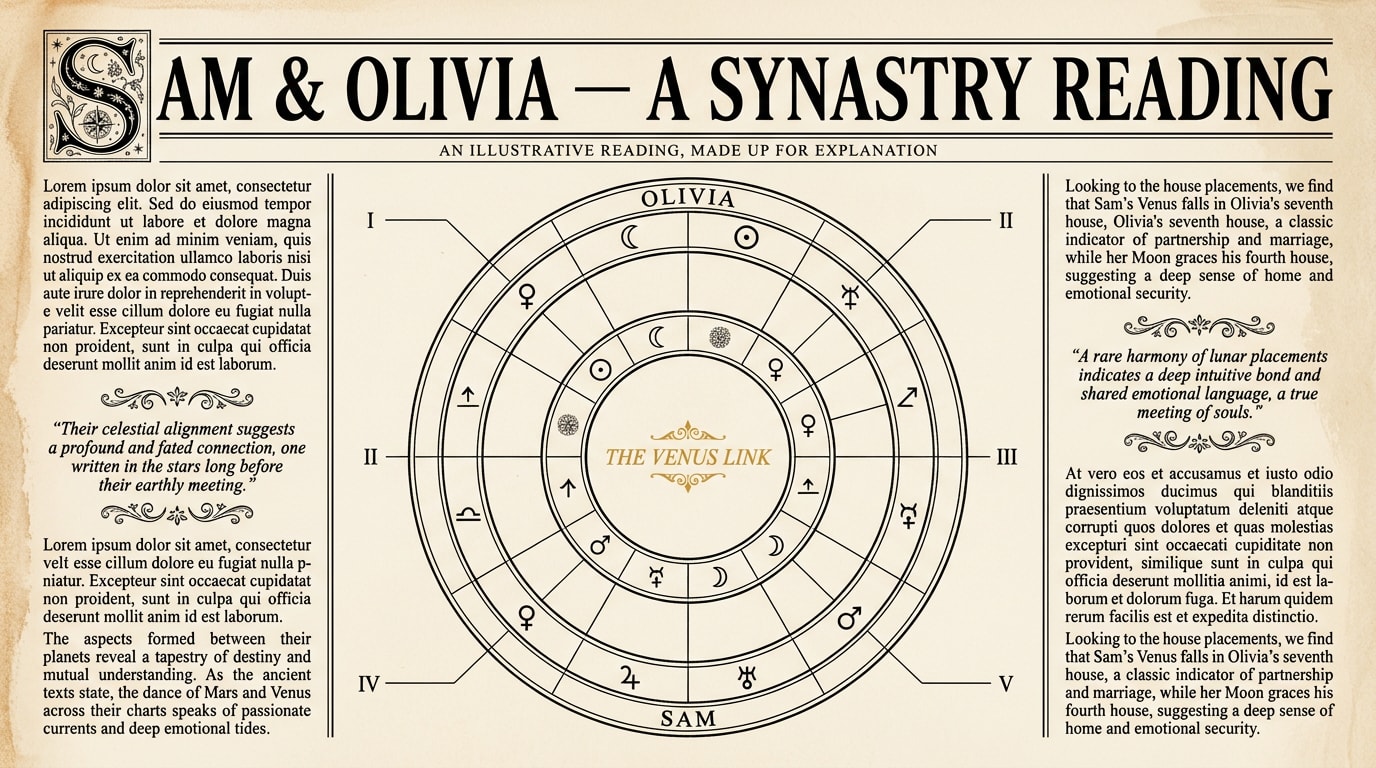A newspaper long-read full-page graphic in 1920s-40s broadsheet style on cream paper, oversized serif headline reading "Sam & Olivia — a synastry reading" with a drop-cap initial, two ornate columns of fine-ruled type on either side of a centre double-wheel synastry plate engraved in thin black ink with Partner A's placements on the inner ring and Partner B's on the outer, ornate dividers between sections, one warm amber accent on the "Venus link" label, multi-column rule lines