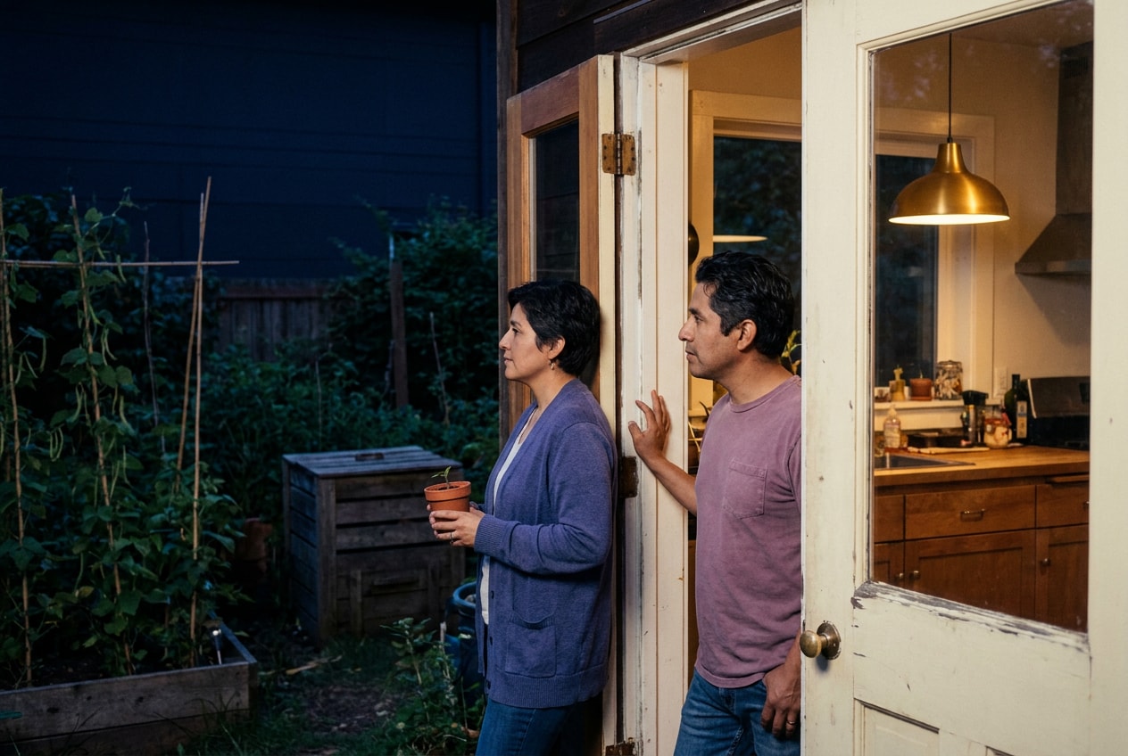 A 62-year-old White British woman in a gardening jumper at the doorway of an allotment shed in September light, holding a terracotta seedling pot, looking out at broad bean canes