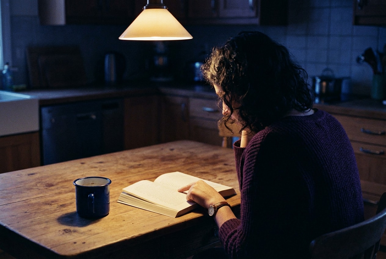A 27-year-old Black British Caribbean woman in a cream rollneck in a university library carrel, finger on a line of text, mid-rereading, late afternoon window light