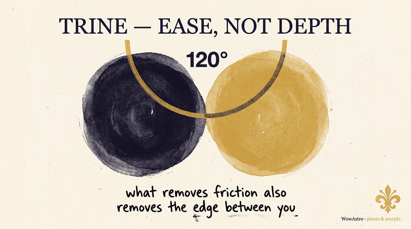 Risograph zine illustration: two water-circles in navy and amber connected by a 120° arc on cream paper, labelled "TRINE — EASE, NO RESISTANCE"
