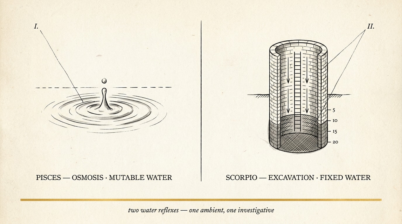 Mid-century scientific engraving on cream paper: two water-glyph diagrams labelled "Pisces — osmosis" and "Scorpio — excavation", linked at the foot by a single amber rule and a Roman-numeral key