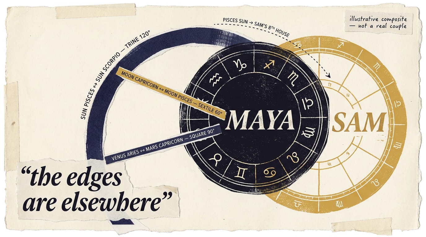 Editorial-collage synastry infographic: two overlapping chart wheels (Maya in navy, Sam in amber) on torn cream paper, with four labelled aspect lines for the Sun trine, Moon sextile, Venus-Mars square, and the eighth-house overlay