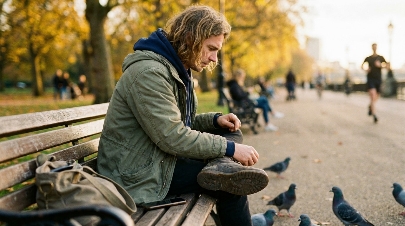 A 29-year-old White British man in urban park bench late afternoon, wearing olive jacket, phone face-down beside him, watching pigeons, soft natural editorial lighting