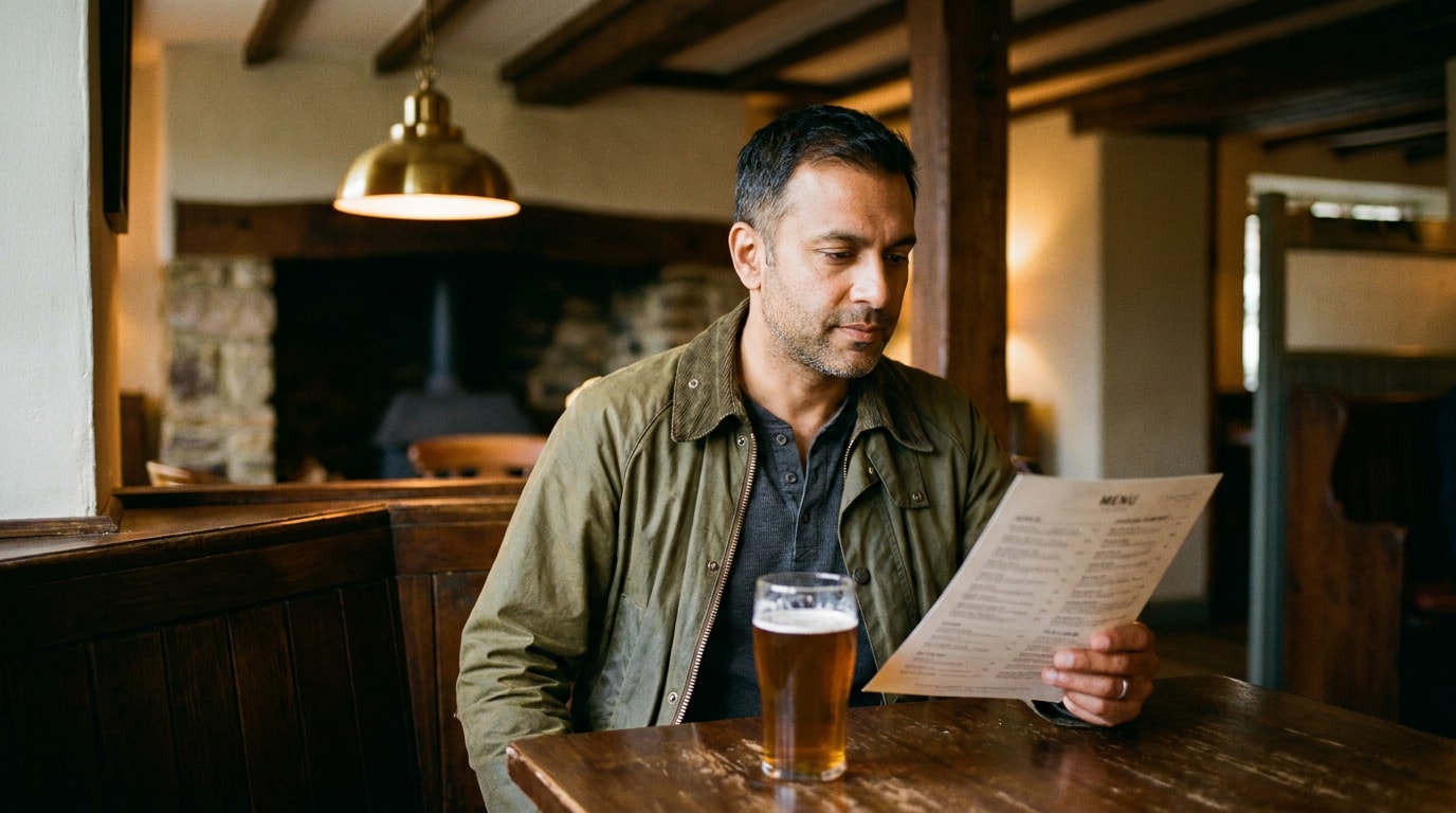 A 46-year-old Mixed heritage man in pub corner alone afternoon, wearing casual jacket, half-pint of ale, reading paper menu, soft natural editorial lighting