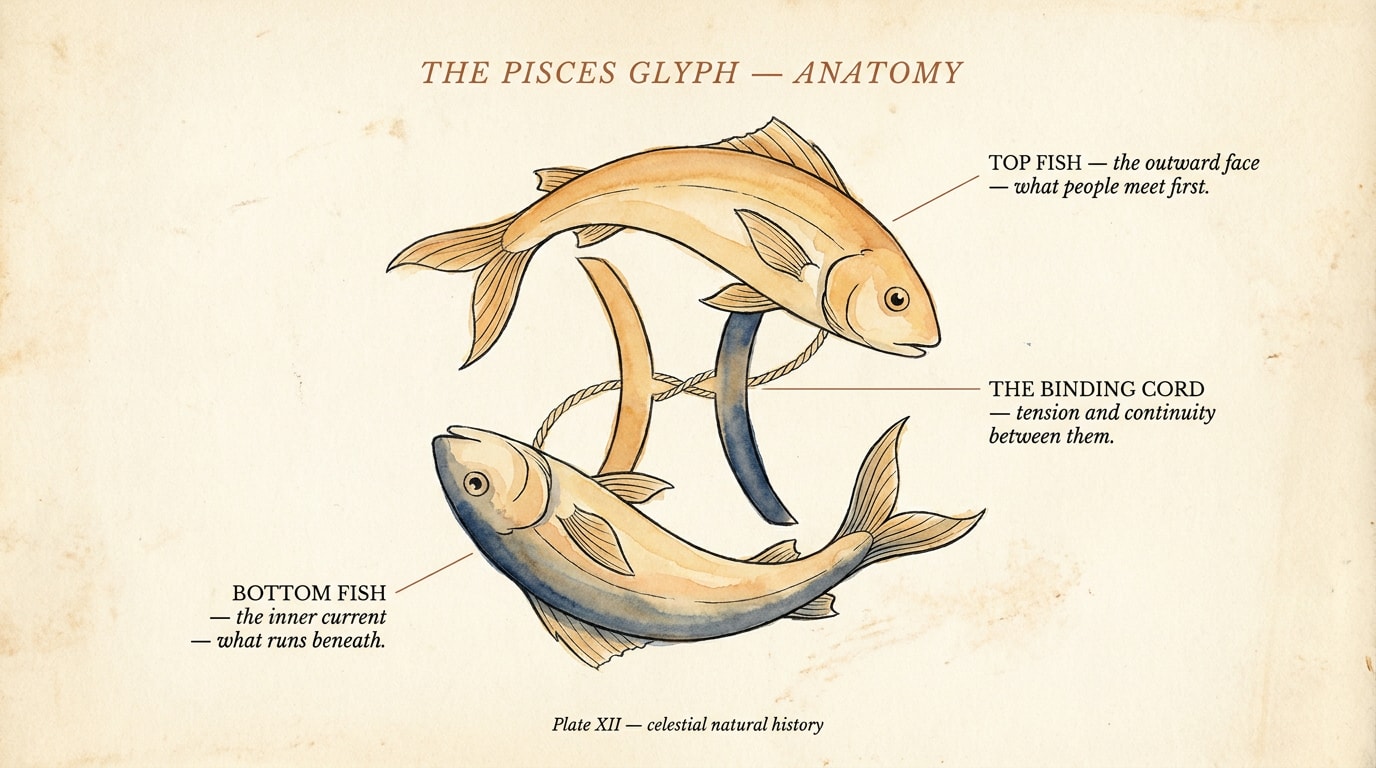 Audubon-style botanical watercolour plate of the Pisces glyph ♓ on aged cream paper, with copperplate-script labels naming the top fish, the bottom fish, and the binding cord