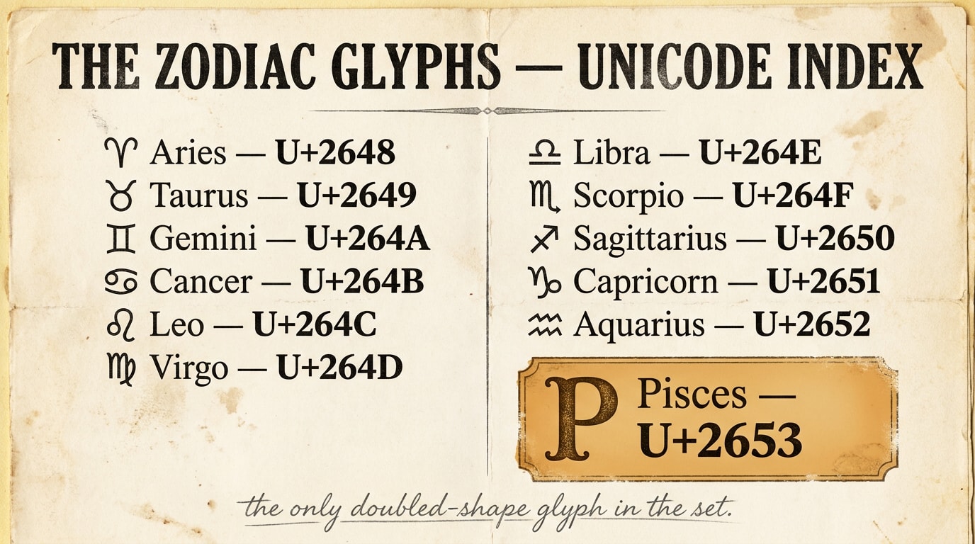 Vintage 1920s broadsheet newspaper layout listing all twelve zodiac glyphs and their Unicode code-points in classified-style columns, with the Pisces ♓ entry set apart in an amber drop-cap box