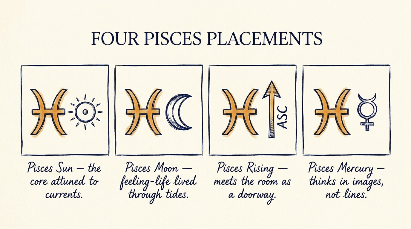 Hand-drawn NYT-style four-panel comic strip on cream paper, each panel pairing the Pisces glyph ♓ with a different placement — Sun, Moon, Rising, and Mercury — with handwritten one-line descriptors beneath