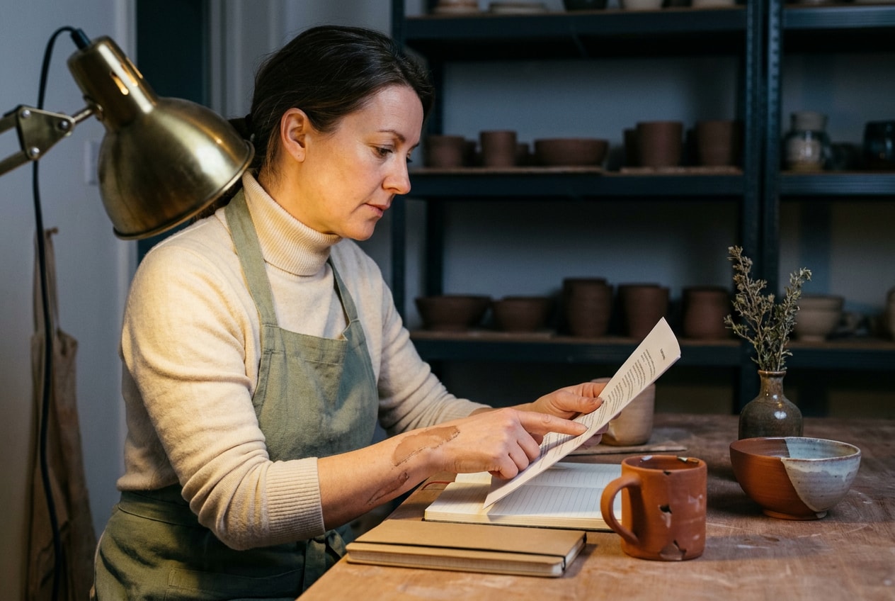 A 27-year-old Black British Caribbean woman in a small home study at evening, wearing a cream rollneck and dark trousers, sitting at a wooden desk under a green-shaded brass lamp, finger on the line in a paperback book, reading something carefully with the considered attention of a slow second pass