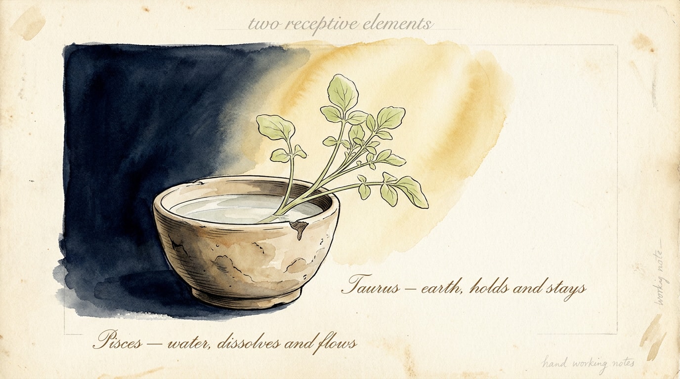 An Audubon-style botanical watercolour on aged cream paper of a small earthen vessel of clay at left, holding a still pool of water in which a single sprig of watercress grows fresh and pale green, with copperplate-script labels reading "Pisces ♓ — water, dissolves and flows" and "Taurus ♉ — earth, holds and stays"