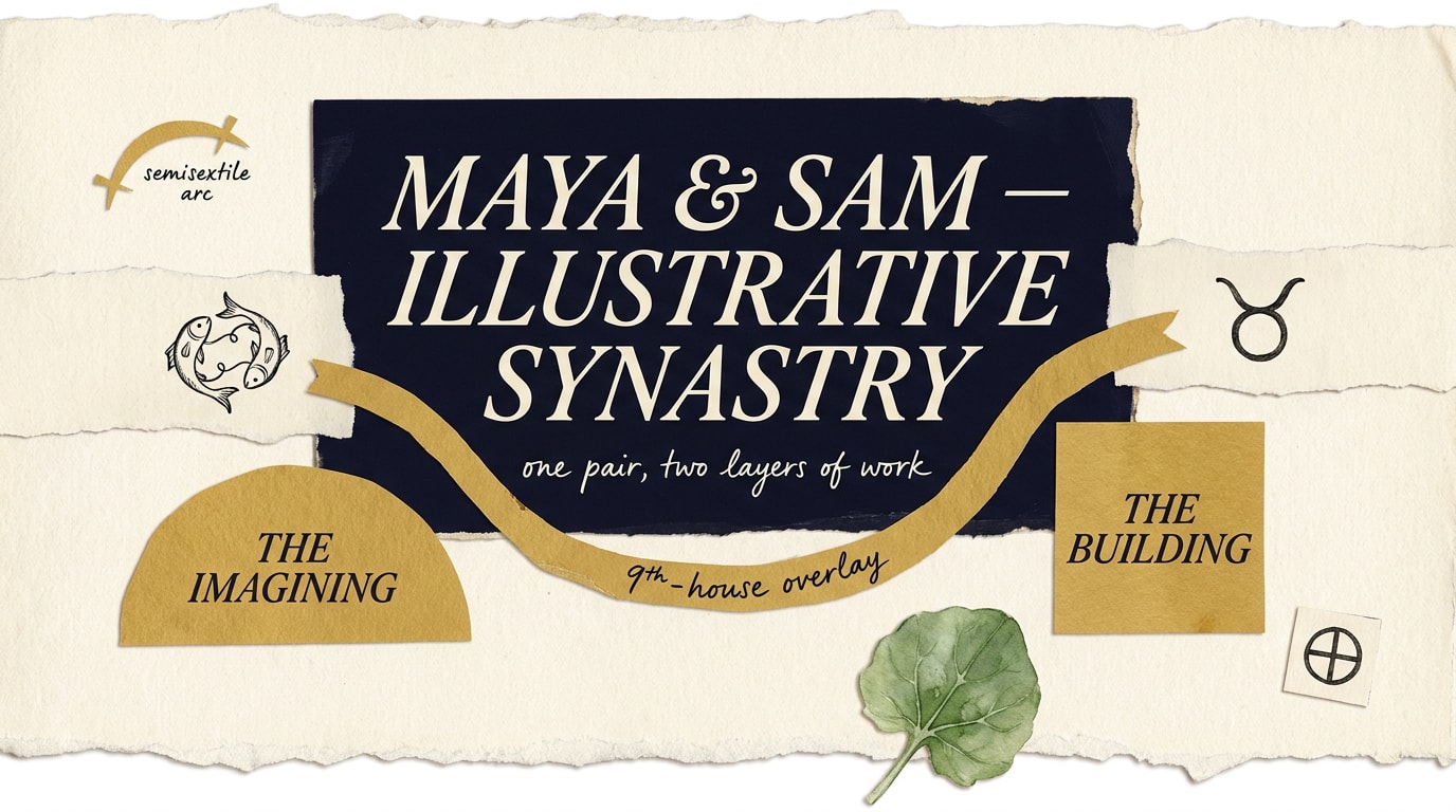 A New Yorker / FT Weekend Magazine editorial collage on cream paper with torn paper edges and layered typography ribbons, a central warm-navy block holding the title "MAYA & SAM — ILLUSTRATIVE SYNASTRY", two side-strips of cream paper carrying small black-ink synastry glyphs — on the left a Pisces glyph with a hand-cut amber semicircle reading "THE IMAGINING", on the right a Taurus glyph with a hand-cut amber square reading "THE BUILDING" — and a scissor-cut amber ribbon labelled "9th house overlay" curving between them