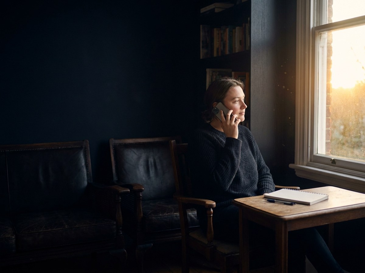 Someone on the phone to a relative, working out what time of day they were born, in warm light.