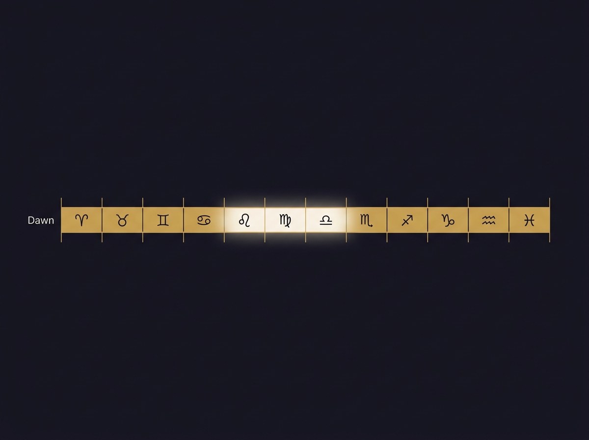 A gold-on-navy timeline showing the rising sign changing about every two hours across a day, with a window narrowing it to two or three.