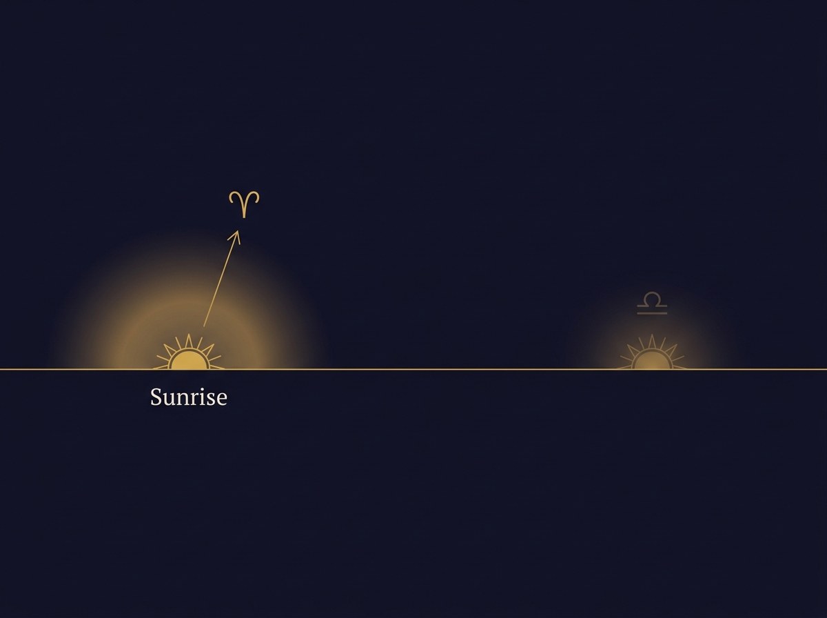 A gold-on-navy diagram: at sunrise the Sun sits on the eastern horizon, so the rising sign is close to the Sun sign.