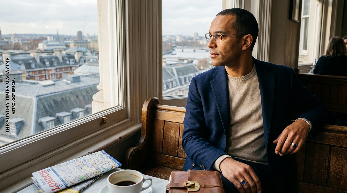 A 46-year-old British man of mixed heritage sitting at a window-side bench in a small museum cafe in mid-afternoon, wearing a soft tweed jacket over an open-collar shirt, looking out across rooftops toward a wider sky and a distant ribbon of river, a small folded paper map and a half-pint of ale on the table beside him, a sapphire signet ring on his right hand catching the late-afternoon light through the glass, the quiet attention of someone whose holiday plans are not yet a booking, in the spirit of a Sunday Times Magazine documentary photograph