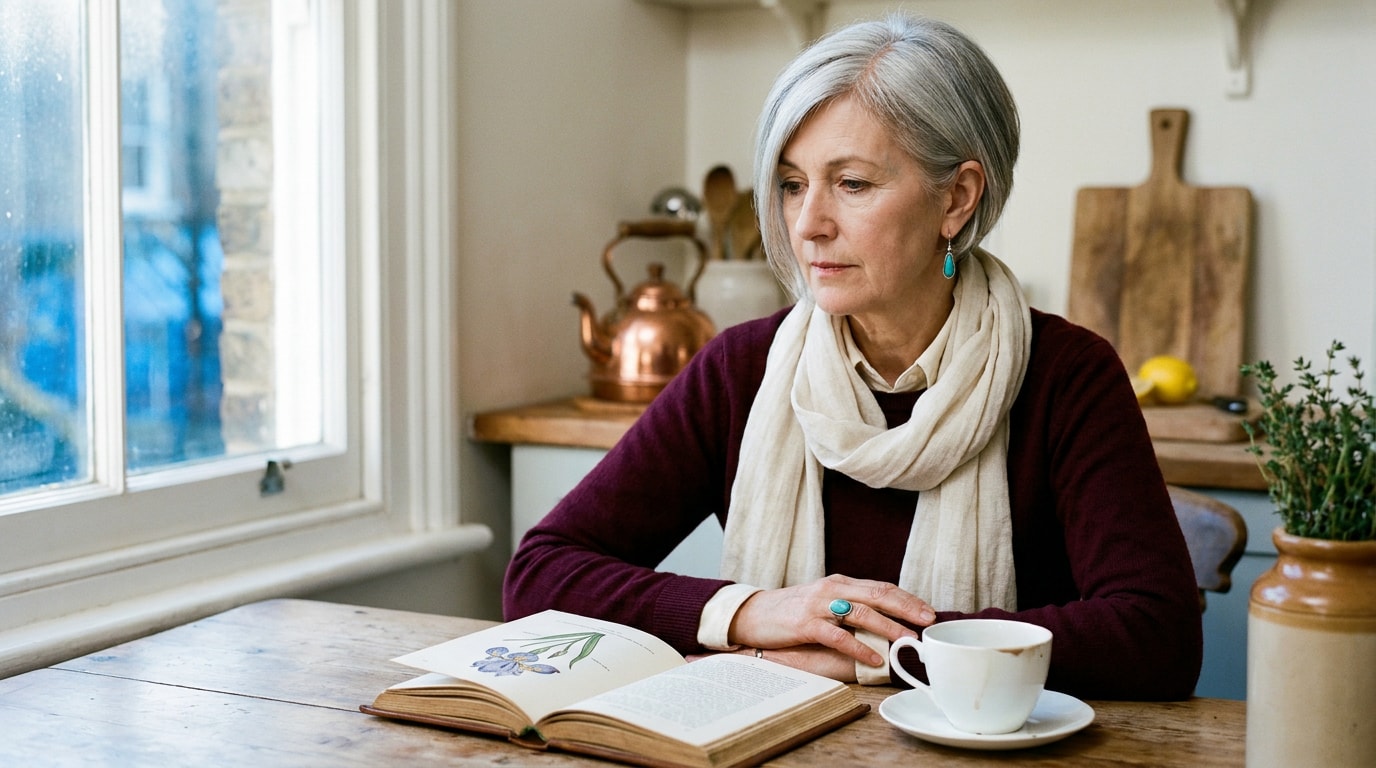 A 58-year-old white British woman sitting at a quiet kitchen table on a winter morning, wearing a soft navy jumper over a cream collared shirt, a small turquoise ring resting on top of an open hardback book on the table in front of her, the book a leather-bound old herbal with cream pages and a faint diagram visible on the open page, her right hand near the ring but not yet picking it up, looking down at the ring with quiet thought rather than admiration, soft pale morning light through a sash window behind her catching the ring's pale blue, real lines around the eyes, no retouching, in the spirit of an Aeon essay opener photograph