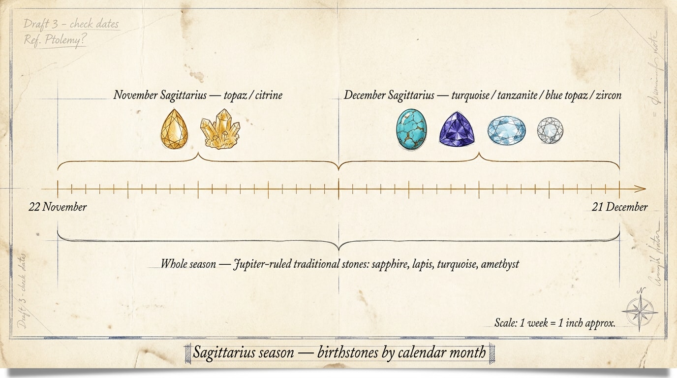 A hand-sketched architectural blueprint infographic on aged ivory cream paper with subtle grain and a soft pencil shadow along the lower edge, in the spirit of a Victorian draughtsman's table. A long horizontal timeline rule runs across the page from «22 November» on the left to «21 December» on the right, drawn in fine warm-amber pen-line with pencil tick-marks at each date. Above the timeline, two labelled bracket-spans divide the season: the left half reads «November Sagittarius — topaz / citrine» in handwritten serif, with two small stone glyphs in pen-line beside it; the right half reads «December Sagittarius — turquoise / tanzanite / blue topaz / zircon» with four small stone glyphs beside it. Below the timeline, a third lower bracket runs the full length labelled «Whole season — Jupiter-ruled traditional stones: sapphire, lapis, turquoise, amethyst» in smaller pencil text. Faint pencil margin notes in the corners hint at older annotations. A handwritten title strip at the foot reads «Sagittarius season — birthstones by calendar month»