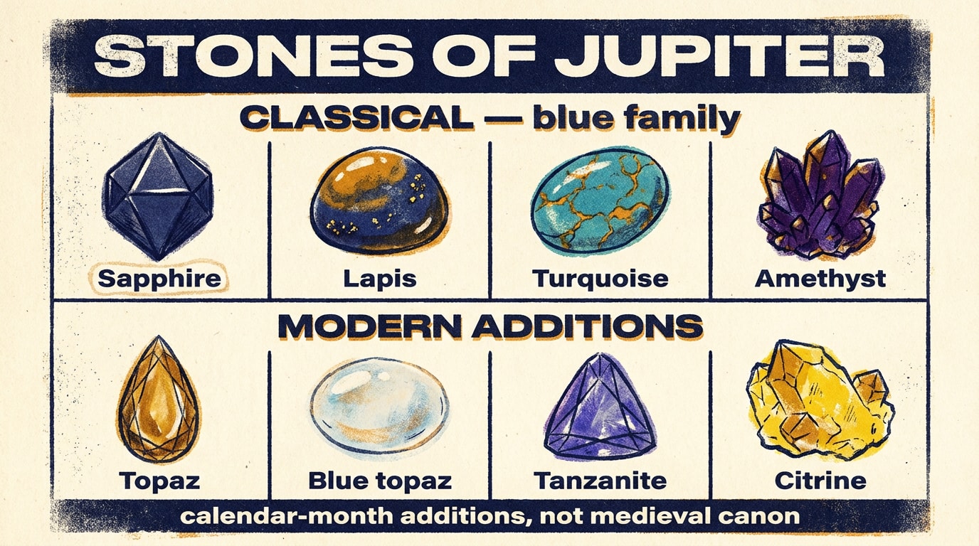 A risograph-zine infographic in the spirit of an indie magazine spread, three-colour palette of warm cream paper, warm navy and amber ink with the slightly misaligned colour layers and heavy grain texture characteristic of riso printing. The layout is divided into two horizontal tiers separated by a thick bold sans-serif caps banner reading «STONES OF JUPITER». The upper tier, labelled «Classical — the blue family», shows four chunky riso-stamp illustrations of sapphire (faceted deep-navy octahedron), lapis lazuli (rounded cabochon with amber pyrite specks), turquoise (irregular oval blue-green cabochon) and amethyst (violet quartz cluster), each with a tall sans-serif name label beneath it. The lower tier, labelled «Modern additions», shows four smaller riso illustrations of topaz (golden faceted teardrop), blue topaz (pale blue faceted oval), tanzanite (violet-blue trillion cut) and citrine (warm yellow standing quartz crystal), with a small handwritten footnote strip at the foot of the page reading «calendar-month additions, not in medieval canon»