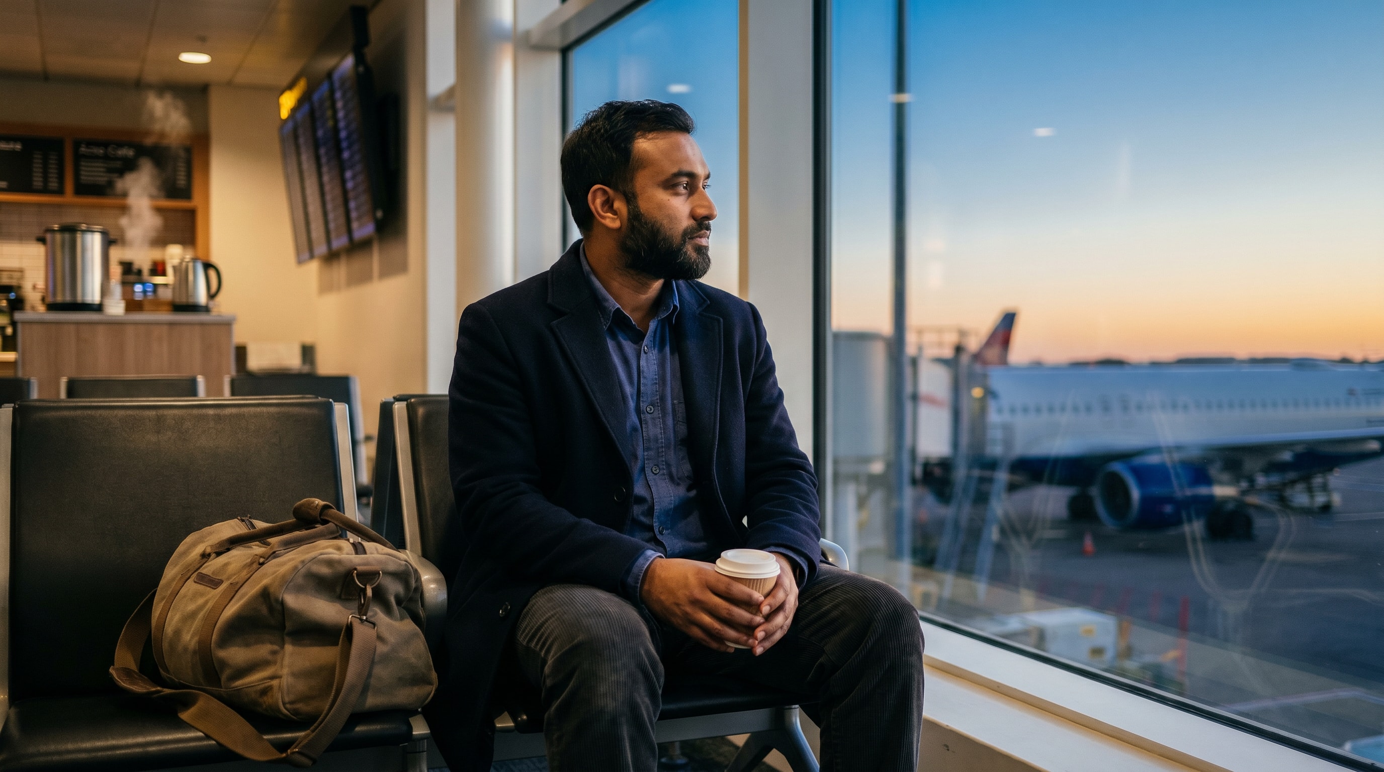 A man in his late thirties sitting alone at an airport gate window in soft early-morning light, holding a paper coffee cup, watching planes through the glass, wearing a navy wool coat, no face directly visible
