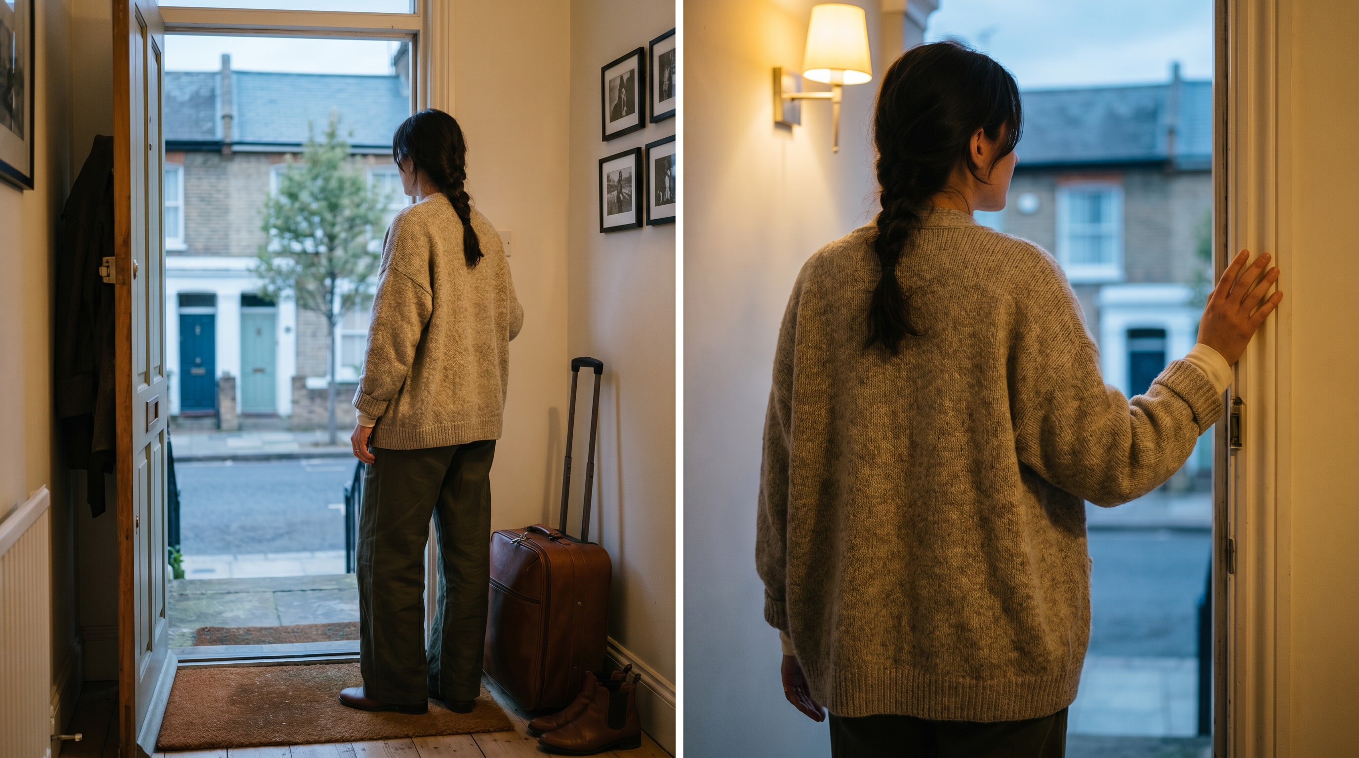 Rear view of a woman in her early thirties standing in a doorway in soft evening light, suitcase by the wall, oversized cardigan, looking out at the street