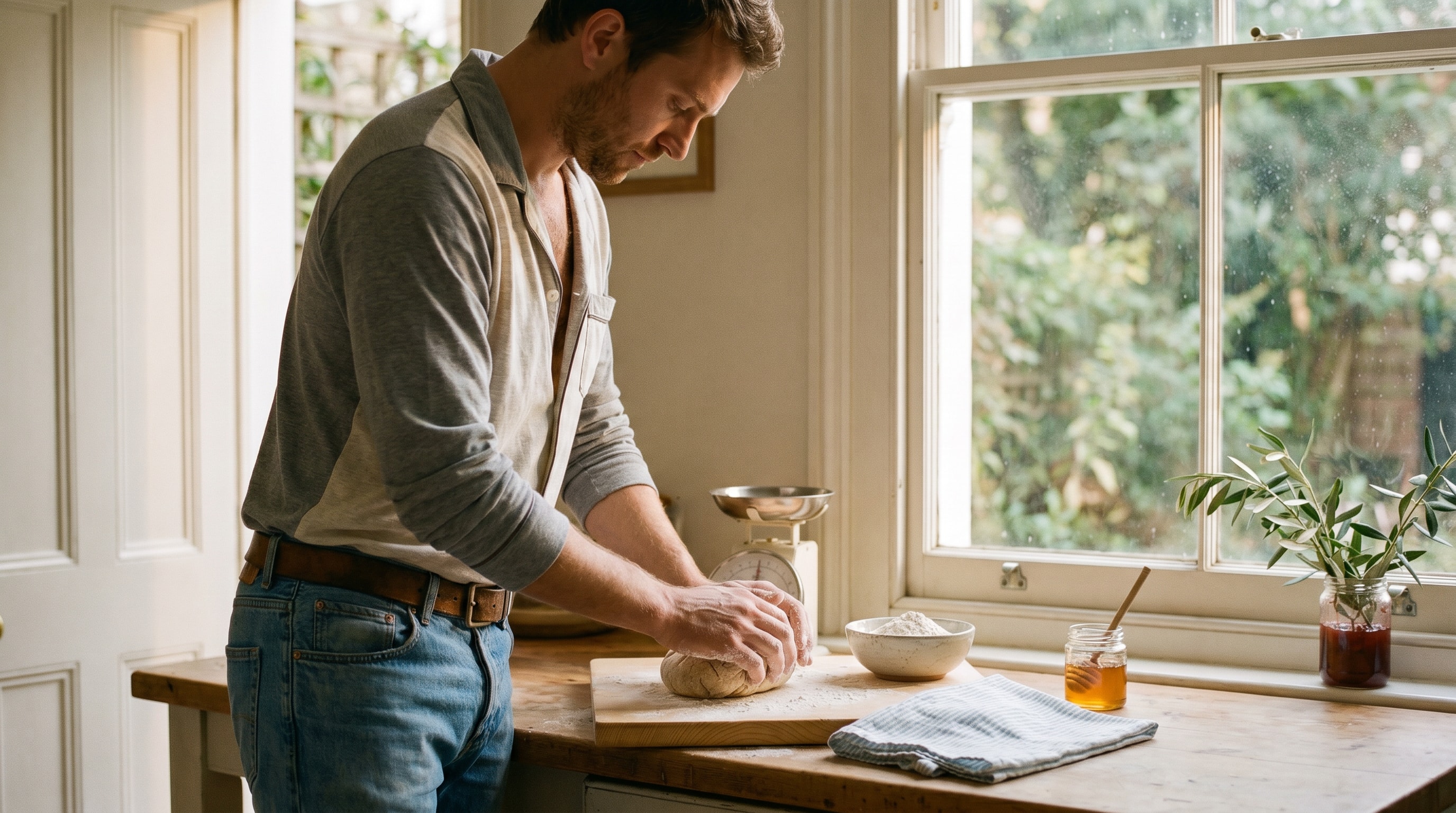 A man in his early thirties standing at a worn wooden kitchen counter in soft Sunday-morning light, wearing a pyjama top and jeans, kneading a small piece of bread dough on a wooden board. A window behind him, a single olive-branch sprig in a jam jar on the sill. Absorbed in the dough, no face directly visible
