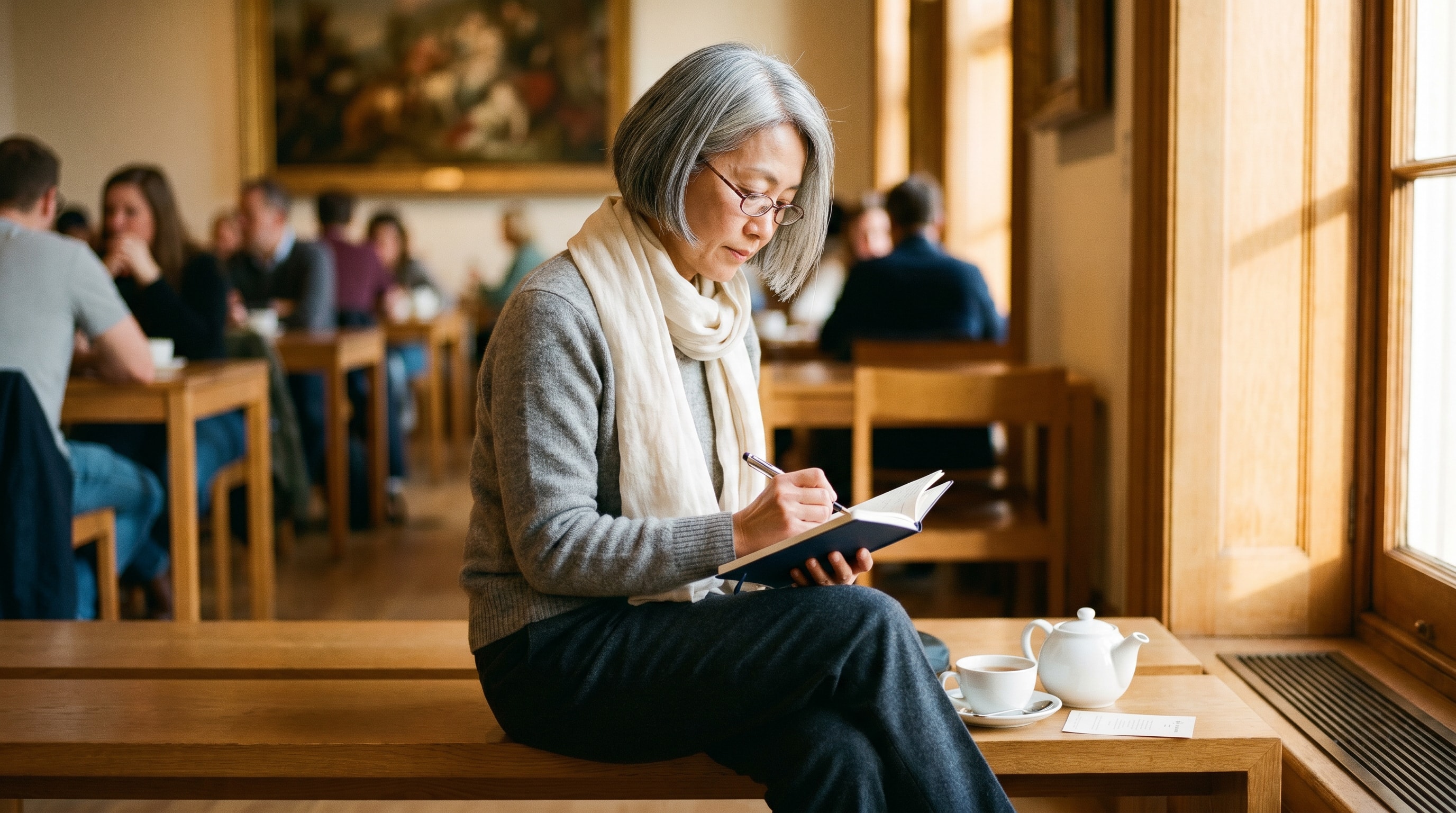 A woman in her mid-fifties of East Asian heritage sitting on a wooden bench in a museum cafe after an exhibition, soft afternoon light from a tall window. She wears a linen scarf over a knit jumper, writing in a small notebook with a fountain pen, a half-finished pot of tea beside her, calm and absorbed