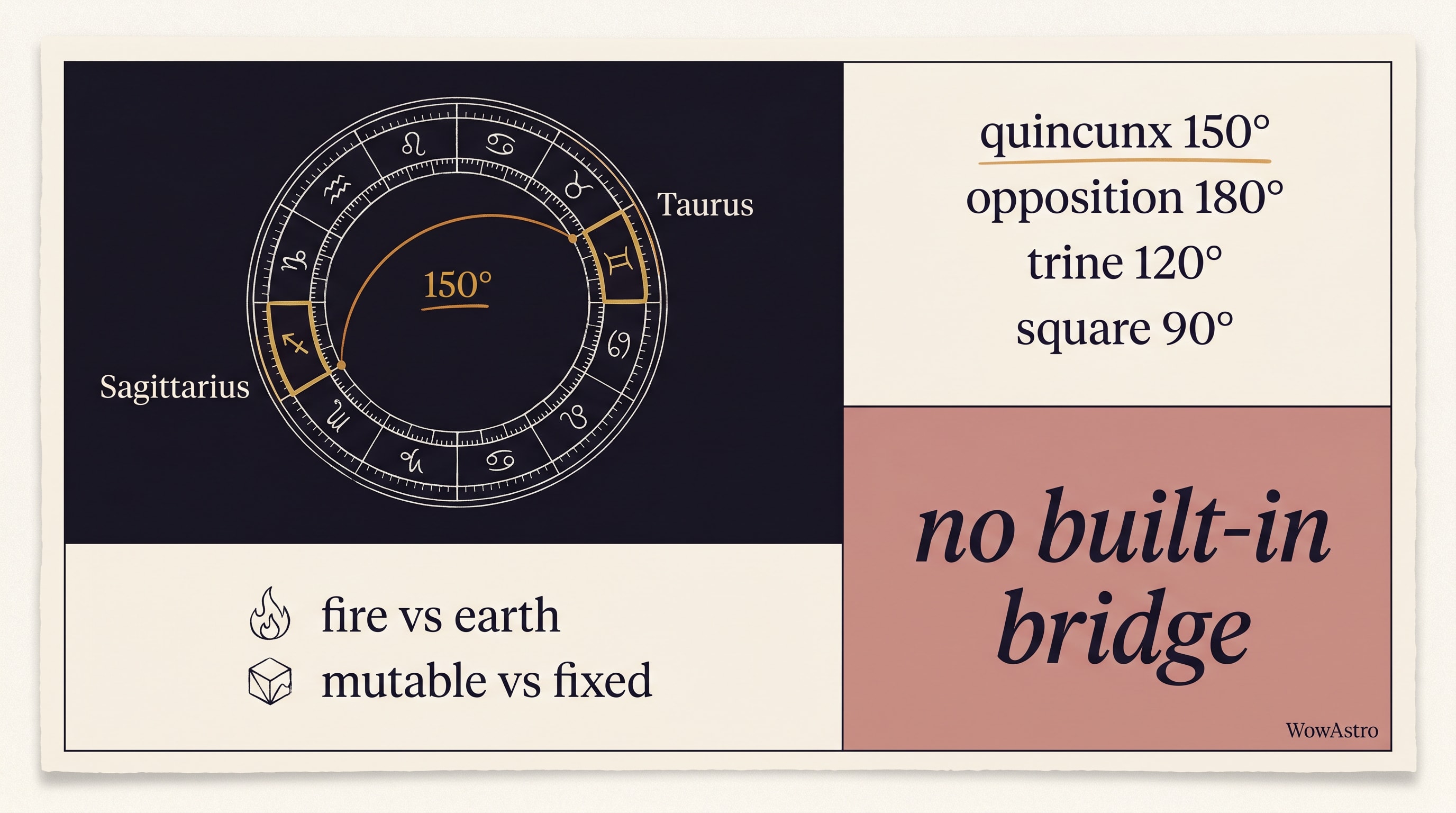 A bento-grid editorial infographic in four panels on warm cream paper. Panel one shows a delicate zodiac wheel with Sagittarius marked at 240° and Taurus at 30°, the 150° arc between them drawn in a single ink line. Panel two is a small comparison ladder of four aspects (quincunx 150°, opposition 180°, trine 120°, square 90°) in editorial serif. Panel three is a two-row legend reading "fire vs earth" and "mutable vs fixed". Panel four is a single typeset phrase in oversized italic, "no built-in bridge". One amber underline beneath "150°"