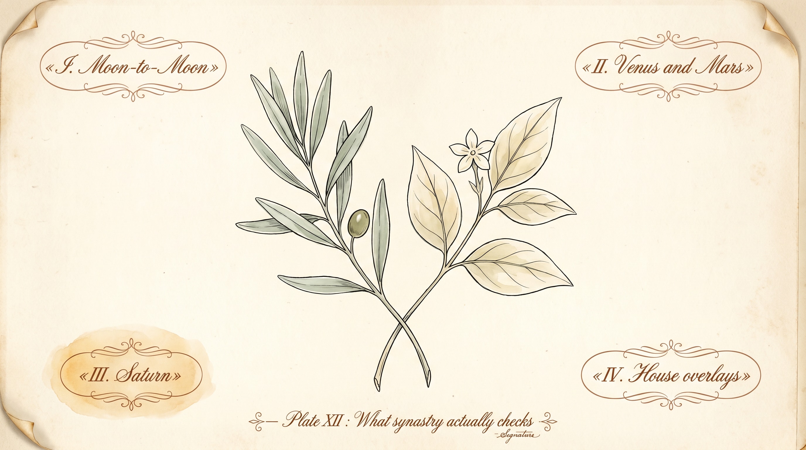 An Audubon-style botanical watercolour plate on aged cream paper. Two slender botanical sprigs grow upward from the centre — one olive, one jasmine — their stems lightly intertwined. Around them, four small numbered cartouches in copperplate script read "I. Moon-to-Moon", "II. Venus and Mars", "III. Saturn", "IV. House overlays". Soft amber wash highlights cartouche III. Thin black outlines, warm cream paper, the kind of plate you would find in a 1900s field guide
