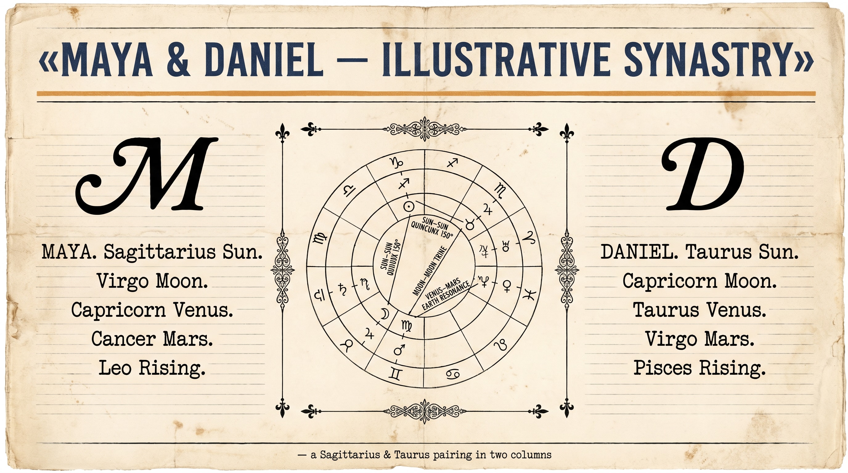 A 1920s broadsheet-style newspaper infographic on warm cream paper. Two columns of text flank a centre diagram. Left column, drop-cap M: "MAYA. Sagittarius Sun. Virgo Moon. Capricorn Venus. Cancer Mars. Leo Rising." Right column, drop-cap D: "DANIEL. Taurus Sun. Capricorn Moon. Taurus Venus. Virgo Mars. Pisces Rising." Centre: a small formal synastry double-wheel diagram with three labelled aspect lines reading "SUN–SUN QUINCUNX 150°", "MOON–MOON TRINE", "VENUS–MARS EARTH RESONANCE". Ornate typographic dividers between columns. A single amber accent under the centre title "MAYA & DANIEL — ILLUSTRATIVE SYNASTRY"