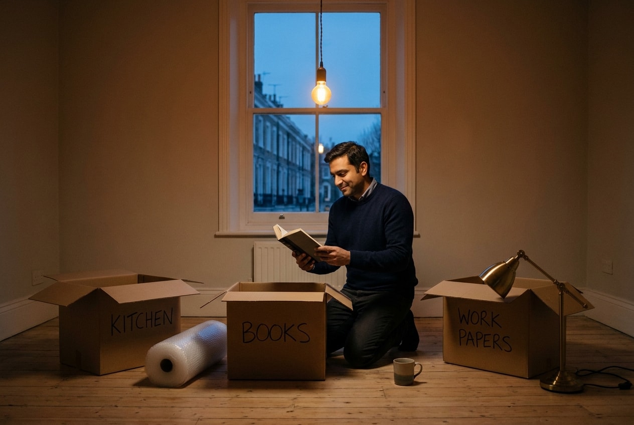 A UK man in his late twenties at a wooden desk by a window, evening light, looking down at a notebook with calm concentration