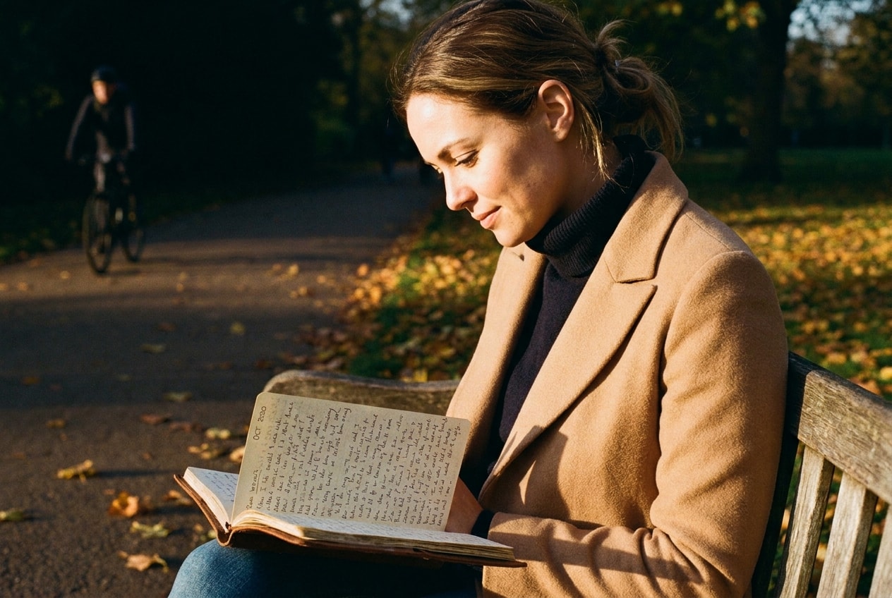 A UK woman around 60 at a garden table in morning light, a cup of tea, calm honest expression — sense of unhurried clarity