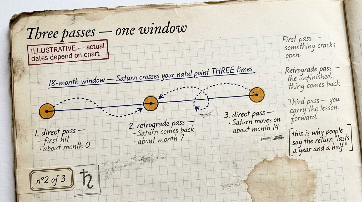 Editorial infographic showing three passes of Saturn over its natal point: Pass 1 direct, Pass 2 retrograde, Pass 3 direct, with timeline arcs labelled overture / revision / integration