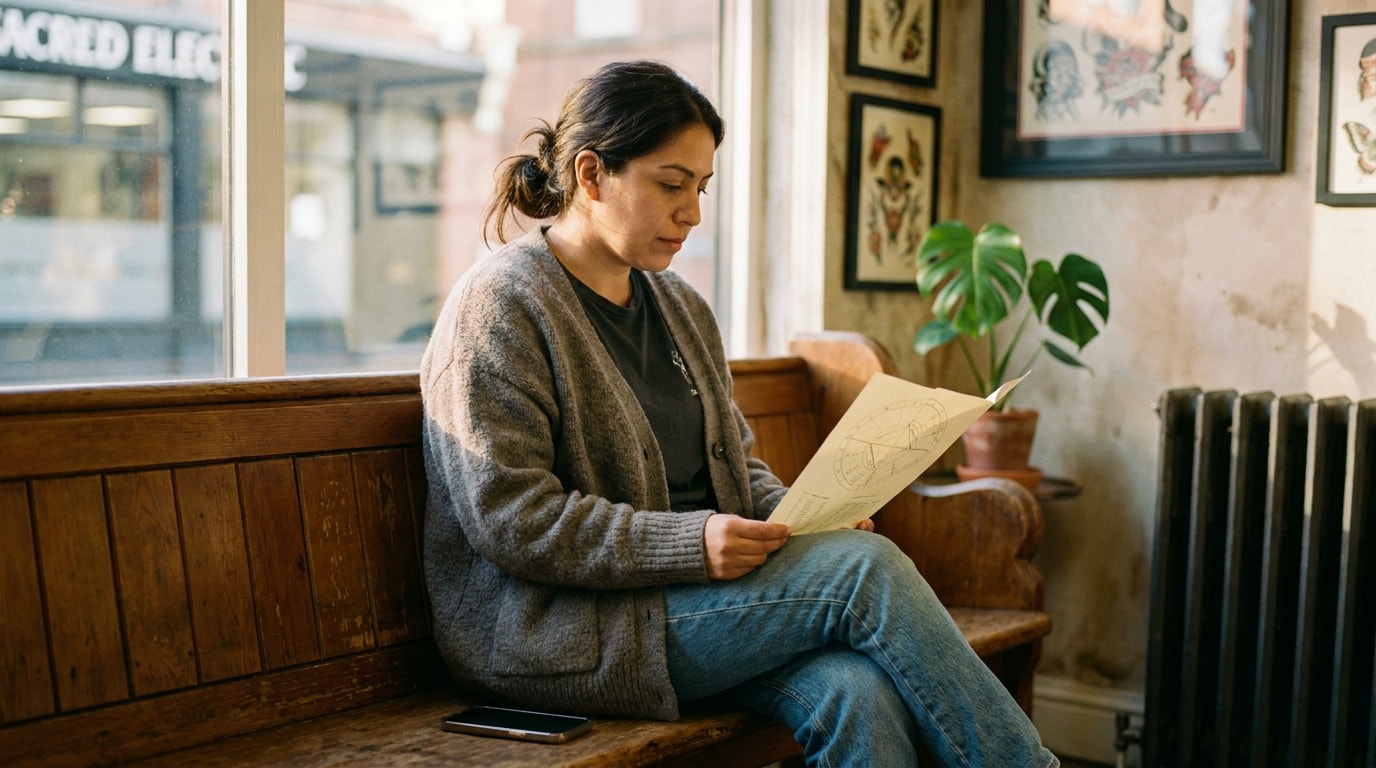 A 36-year-old woman of Latina heritage sitting on a low bench in the quiet waiting area of Sacred Electric tattoo studio in Manchester on a late autumn afternoon, wearing a long oversized cardigan over a dark t-shirt, holding a folded A4 print of a birth chart on her lap and looking down at the chart rather than at her phone (which sits face-down beside her), the studio's framed prints and a small plant visible softly out-of-focus on the wall behind her, late-afternoon golden light from the front window catching the edge of her face, the careful attention of a woman who has thought about this for some time and arrived without rushing, in the spirit of a Sunday Times Magazine photograph