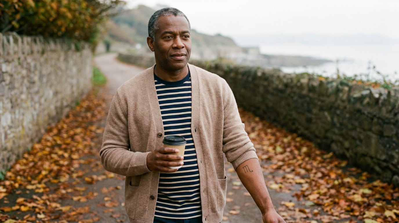 A 50-year-old Black British man of African heritage walking back from a local park on a late autumn afternoon in coastal light, wearing a soft cardigan over a collared shirt and dark jeans, sleeve pushed up to the elbow on his right arm showing a small finished ♏ glyph tattoo in fine black line on the inside of his forearm just above the wrist, holding a takeaway coffee in his other hand, the path curving behind him beside a low stone wall and autumn leaves underfoot, his expression settled and unhurried, the quiet attention of someone who chose this mark a few years ago and now thinks about it once a week if that, in the spirit of a Guardian Long Read photograph