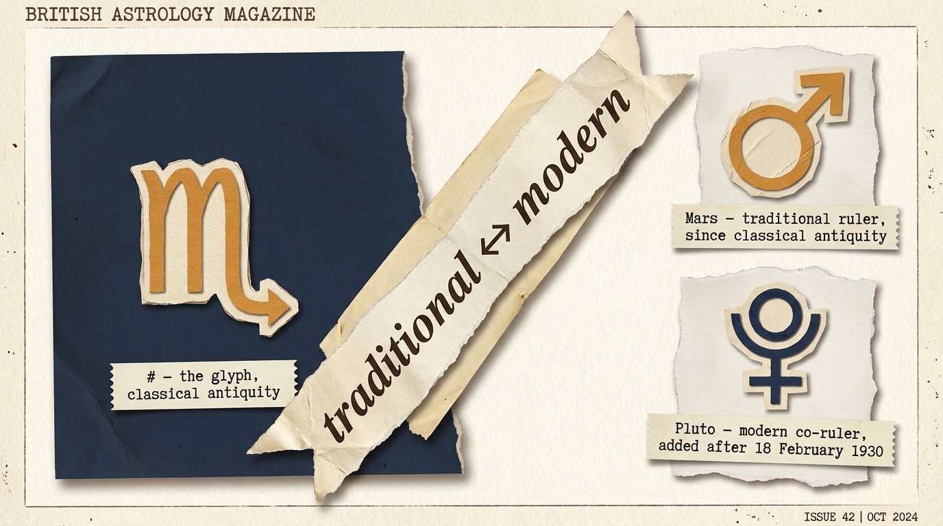 An editorial collage in the spirit of a New Yorker or FT Weekend Magazine cover, built from layered torn-paper shapes with visibly rough edges and soft drop-shadows beneath each piece; a central oversized italic serif quote ribbon set diagonally across the seam reads "traditional ↔ modern"; on the left half a small warm-amber Scorpio glyph ♏ scissor-cut from cream paper and pasted onto a deep warm-navy torn rectangle with a typewriter-style label strip "♏ — the glyph, classical antiquity"; on the right half two smaller cut-paper planetary glyphs — Mars ♂ at the top in warm amber on a cream torn panel labelled "Mars — traditional ruler, since classical antiquity", Pluto ♇ at the bottom in deep navy ink on cream labelled "Pluto — modern co-ruler, added after 18 February 1930"; tactile magazine-layout feel, hand-cut tactile edges, no human figures, no floating zodiac decoration