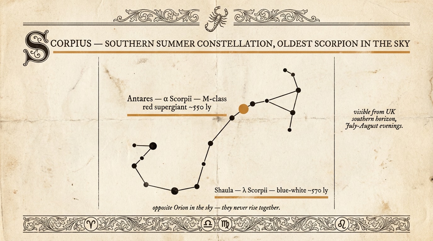 A newspaper-long-read style infographic in the spirit of a 1920s-40s broadsheet feature page, on aged ivory cream paper with subtle grain; an ornate horizontal serif rule and small ornament divider at the top under an oversized drop-cap initial "S" beginning a title strip "SCORPIUS — southern summer constellation, oldest scorpion in the sky"; below, a multi-column-style layout in fine black ink line-work showing the constellation as a curving line of stars ending in a hooked tail, one larger warm-amber dot at the heart marking "Antares — α Scorpii — M-class red supergiant ~550 ly", a slightly larger black dot at the hook of the tail labelled "Shaula — λ Scorpii — blue-white ~570 ly"; a small ornate margin note in serif italics reads "visible from UK southern horizon, July-August evenings"; another tiny serif caption beneath reads "opposite Orion in the sky — they never rise together"; one warm-amber accent rule under the title and one beneath Antares' label; no human figures, no floating zodiac glyphs, no bold colour blocks