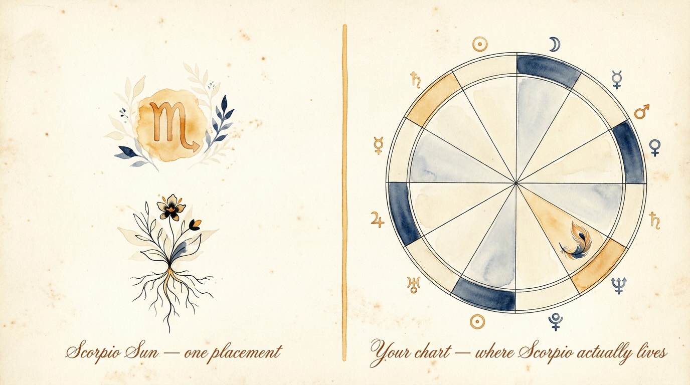 A botanical-illustration-style infographic in the spirit of an Audubon astronomical-botanical plate, on aged ivory paper with soft brushstroke shapes, thin black outlines and watercolour washes in cream and warm navy with single amber accents; the composition is split into two side-by-side panels by a slender hand-painted amber timeline; on the left panel, a small warm-amber Scorpio glyph ♏ rendered as a watercolour wash with a flowing copperplate-script label "Scorpio Sun — one placement" beneath it; on the right panel, a full astrological birth-chart wheel painted in soft watercolour with twelve house divisions marked by hair-thin black ink lines, ten tiny watercolour planetary glyphs (Sun, Moon, Mercury, Venus, Mars, Jupiter, Saturn, Uranus, Neptune, Pluto) scattered around it at varied positions in muted amber and navy washes, the 8th house highlighted with a soft amber wash and a small phoenix-feather watercolour motif tucked into it, with a flourished copperplate-script label "Your chart — where Scorpio actually lives"; faint foxed paper texture; no human figures, no floating zodiac decoration