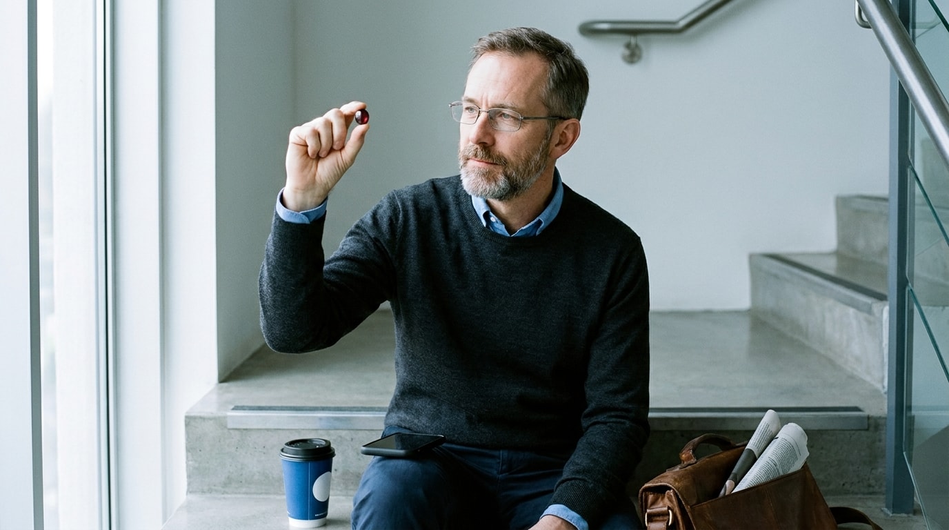 A 44-year-old White British man sitting on a step in a quiet office stairwell during his mid-morning break, wearing an open-collar shirt with the top button undone, holding a small almandine garnet cabochon between his thumb and forefinger up to the soft November light coming through a tall stairwell window beside him, his takeaway coffee cup resting on the step beside him, his phone face-down on the cup's lid, the deep wine-red of the garnet catching the diffuse window light, his expression calm and considering rather than dreamy, real skin texture, neutral office light, no retouching, in the spirit of an FT Weekend Magazine portrait