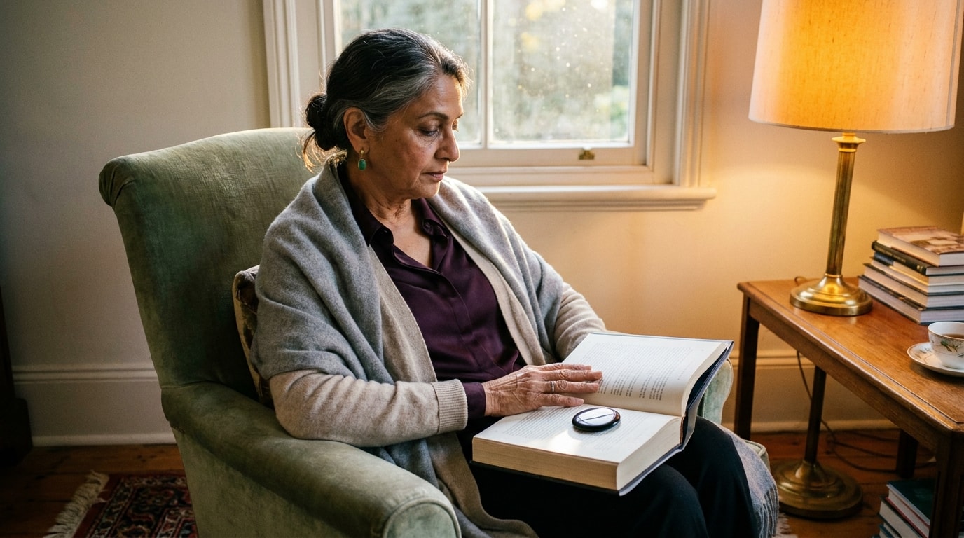 A 68-year-old woman of mixed heritage sitting in a low armchair in her sitting room in soft late-afternoon light, wearing a silk blouse under a long cardigan, a large hardback book open in her lap with the page she's reading turned roughly two-thirds through, a small polished black obsidian disc resting on the open page just below her thumb, her hand turning the next page slowly, the afternoon light from the window behind her catching the obsidian's quiet inner darkness, real lines around the eyes, grey threads in dark hair, the sense of a long reading session settling into late afternoon, in the spirit of an Aeon essay opener photograph