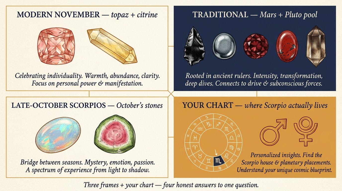 A four-panel bento-grid editorial infographic on warm cream paper, the four panels packed mosaic-style with thin warm-amber connecting rules between them. Top-left panel in cream with warm-navy serif heading reads «Modern November — topaz + citrine» with two stone glyphs in pen-line beside the text (a pinkish-orange faceted imperial topaz and a yellow citrine point). Top-right panel in warm-navy with cream serif heading reads «Traditional — Mars + Pluto pool» with five stone glyphs in cream pen-line (a black obsidian shard, a dense grey hematite cabochon, a deep-red garnet, a red jasper oval, a smoky quartz prism). Bottom-left panel in cream with warm-navy heading reads «Late-October Scorpios — October's stones» with two stone glyphs (an opalescent oval and a watermelon-tourmaline slice). Bottom-right panel in warm-navy with cream heading reads «Your chart — where Scorpio actually lives» with a small cream-line birth-chart wheel and a single warm-amber Mars glyph + Pluto glyph beside it. A handwritten caption strip at the foot of the grid reads «Three frames + your chart — four honest answers to one question». Aspect 16:9. NotebookLM-style mosaic. No human figures, no floating zodiac glyphs.