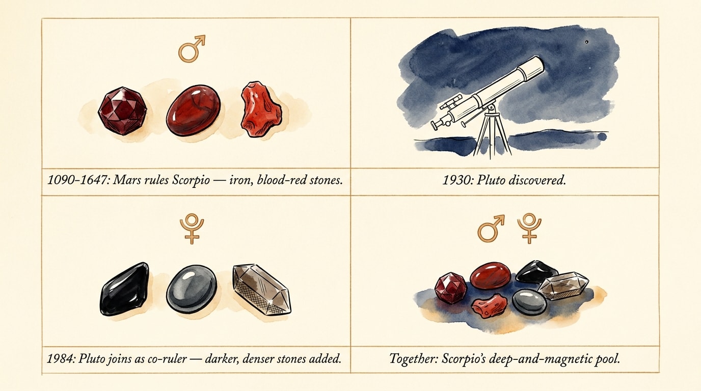 A four-frame comic-strip-sequence editorial illustration on aged warm cream paper, in the style of an NYT op-ed graphic essay (Liana Finck adjacent), drawn in loose hand-drawn pen-line with minimal warm-navy and warm-amber washes and handwritten caption labels beneath each frame. Frame 1 (top-left): a small Mars glyph in warm-amber pen-line above a row of three deep-red stones (a faceted garnet, a polished blood-jasper oval, a rough red coral fragment) with the caption «1090-1647: Mars rules Scorpio — iron, blood-red stones». Frame 2 (top-right): a simple line-drawing of a 1930s Lowell Observatory telescope pointing up at a small distant dot in a warm-navy night sky, with the caption «1930: Pluto discovered». Frame 3 (bottom-left): a small Pluto glyph in warm-amber pen-line above three darker stones (a polished black obsidian shard, a dense grey hematite cabochon, a smoky-quartz prism in cross-hatched shading) with the caption «1984: Pluto joins as co-ruler — darker, denser stones added». Frame 4 (bottom-right): both Mars and Pluto glyphs side by side above the full deep-and-magnetic pool of stones (garnet, jasper, obsidian, hematite, smoky quartz) arranged in a small grouping, with the caption «Together: Scorpio's deep-and-magnetic pool». Thin amber rules between frames. Aspect 16:9. No human figures.