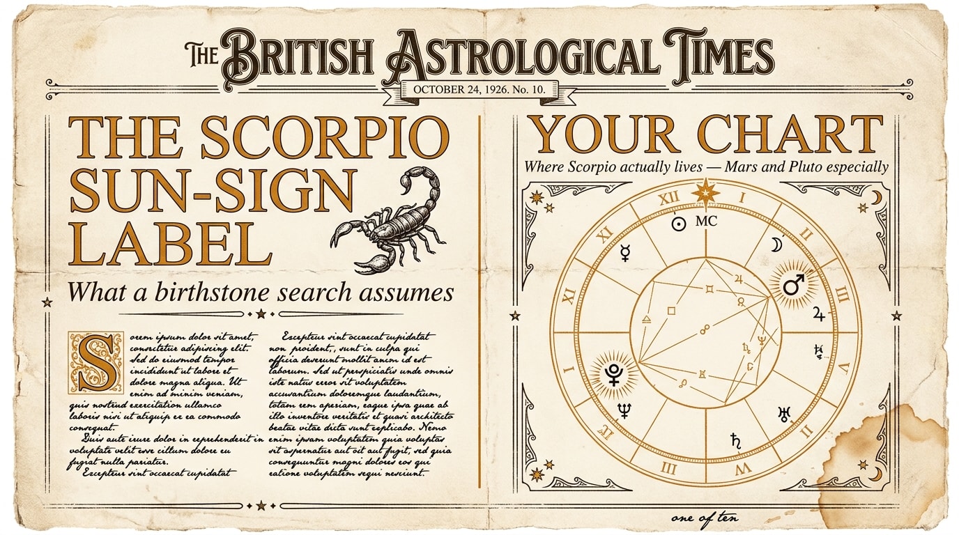 A two-column 1920s broadsheet-style editorial infographic on aged warm cream paper, designed in the spirit of an early twentieth-century Times of London long-read spread, with ornate hairline dividers and oversized serif headlines. The left column is headed «The Scorpio sun-sign label» in a tall serif headline above a large drop-cap S in warm amber, with a small black-ink scorpion glyph beside the heading and the smaller standfirst «What a birthstone search assumes» in cream-italic small caps; below the standfirst, a brief column of mock-broadsheet body text in cream is just visible. The right column is headed «Your chart» in the same tall serif above the standfirst «Where Scorpio actually lives — Mars and Pluto especially», with a full astrological birth-chart wheel rendered as fine warm-amber broadsheet engraving in the column's body, twelve house divisions marked, ten tiny planetary glyphs scattered around the wheel at varied positions, the Midheaven (MC) marked with a small warm-amber star at the top of the wheel, and the Mars and Pluto glyphs slightly enlarged. A single warm-amber rule runs vertically between the two columns. A small handwritten footer caption reads «one of ten». Aspect 16:9. No human figures. Newsprint texture, slight warm tea-stain in the bottom-right corner.
